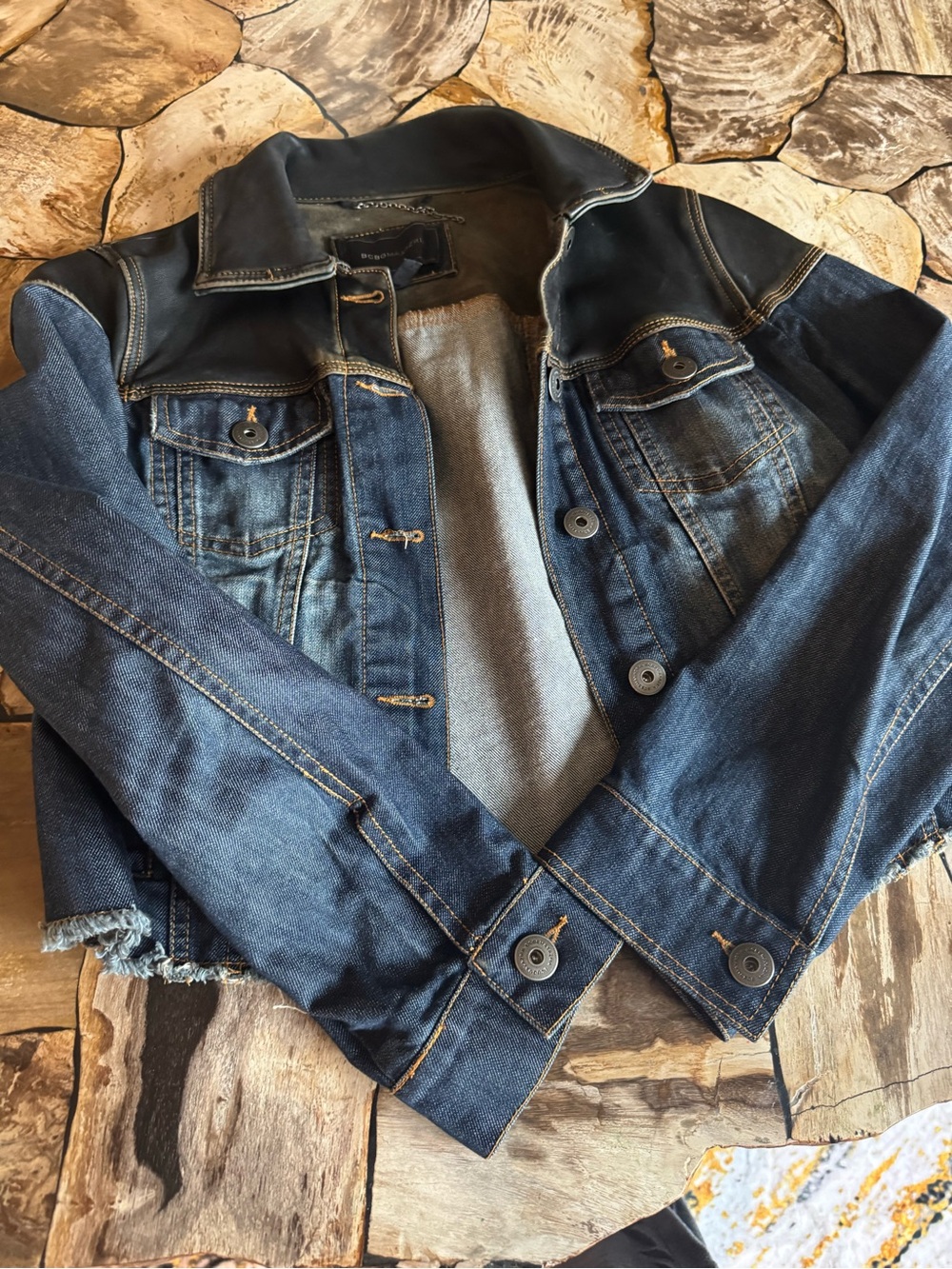 BCBGMaxAzria Dark Blue Denim Jacket with Black Collar